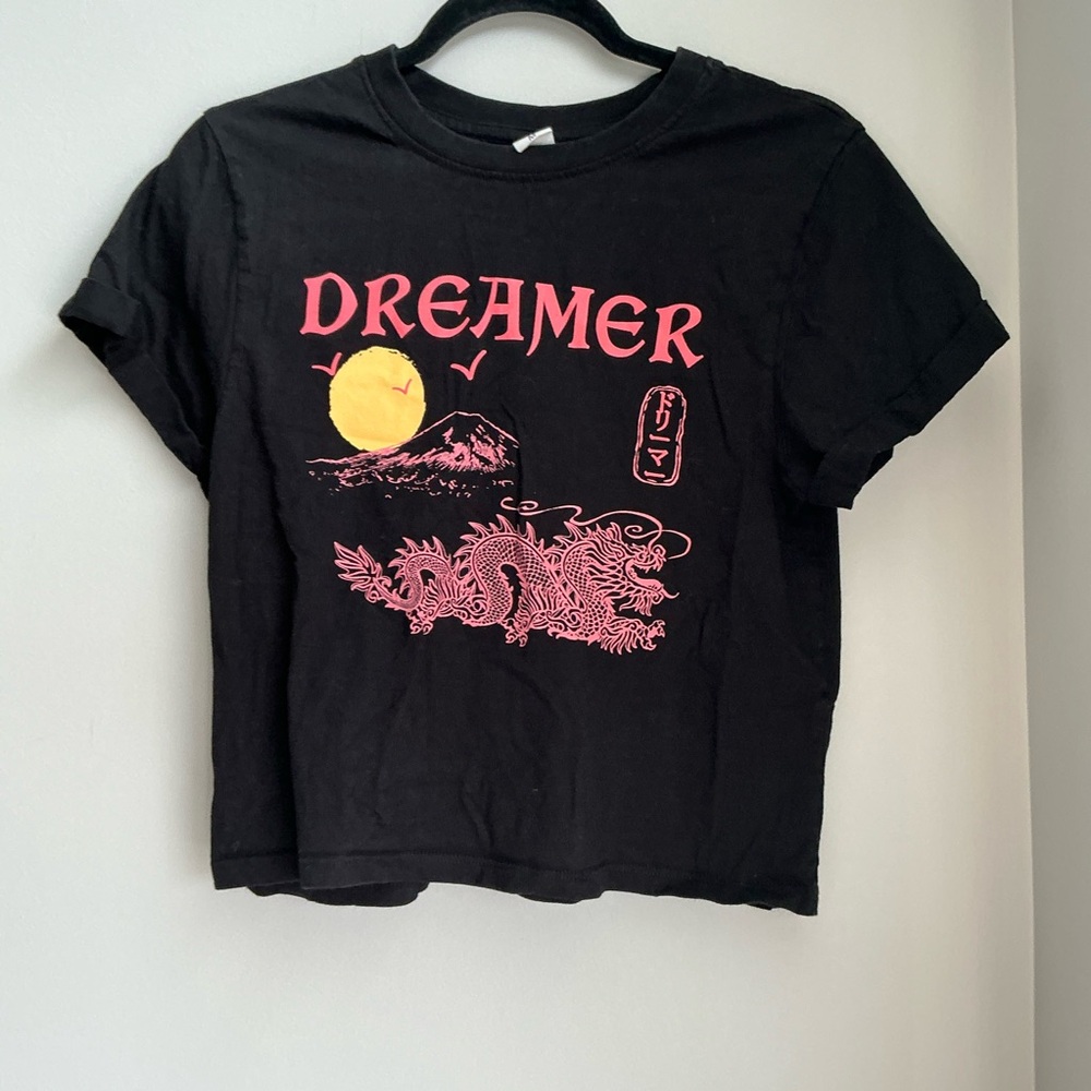Y2K Dreamer Dragon Graphic Baby Tee Japanese Anime Style Black Crop Top M